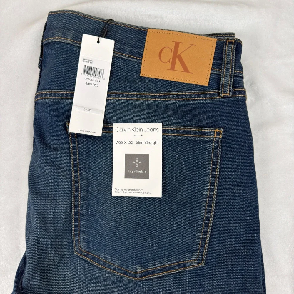 Calvin Klein Jeans Mens 38x32 (40 waist) Slim Straight Stretch Dark Blue New